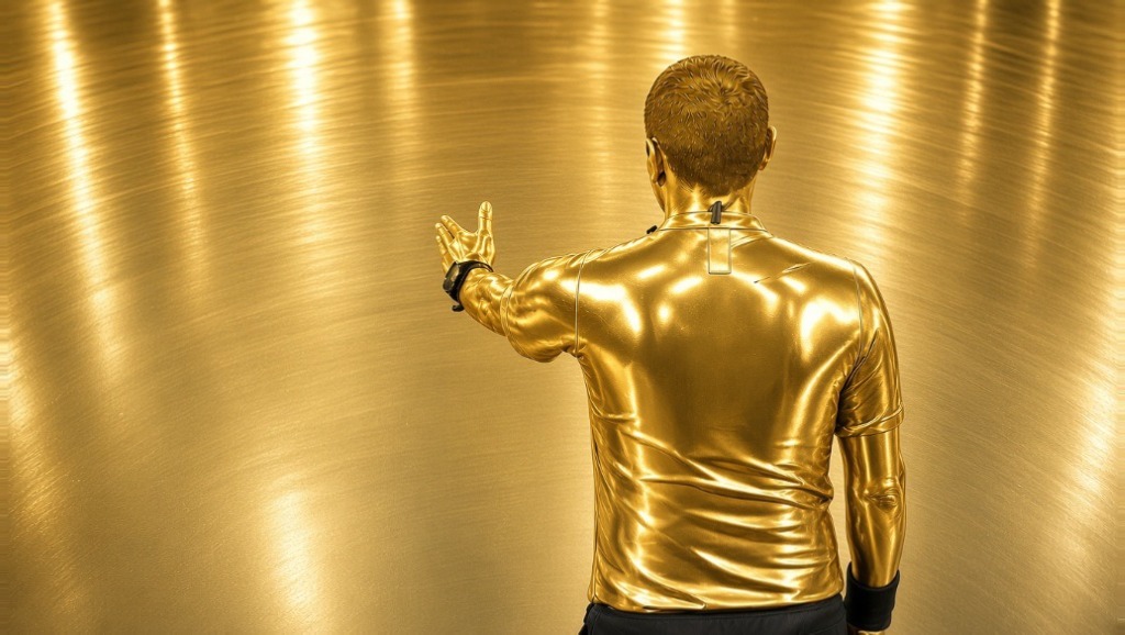 Football referee in gold shirt, alternate archive exhibit